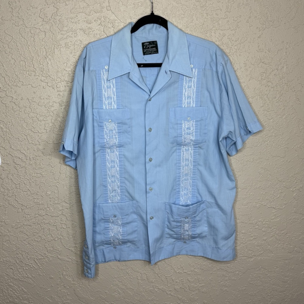 VINTAGE Men's Guayabera Shirt XL Baby Blue Short Sleeve Vacation Cruise Casual